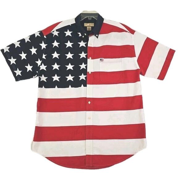 Vntg. American Flag Short Sleeve Buttons Shirt~Mens Size L~Sun River Clothing Co - Picture 1 of 11